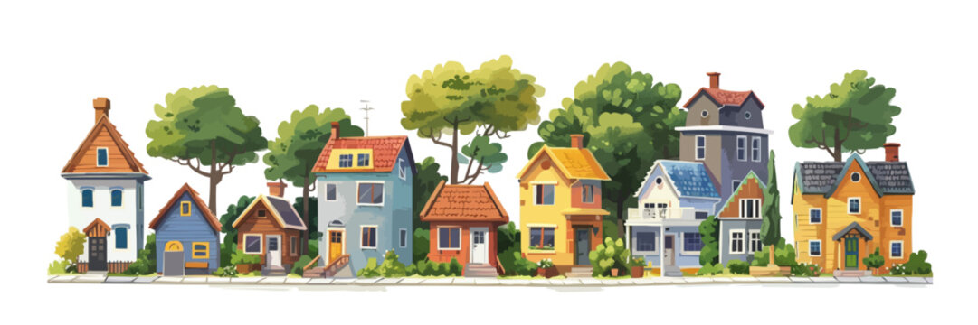 Cartoon small town houses, minimalism city buildings. Isolated on a white background. vector simple illustration