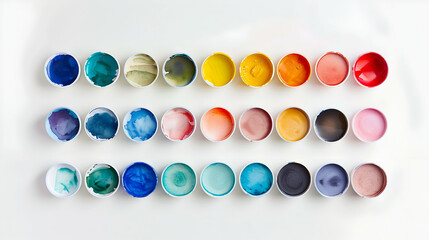 Assorted colorful watercolor paints in round containers, showcasing a vibrant spectrum of hues. Ideal for artistic and creative themes