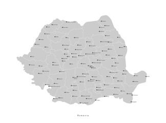Vector modern illustration. Simplified administrative map of Romania. Blue gradient effect. Names of cities and regions, counties