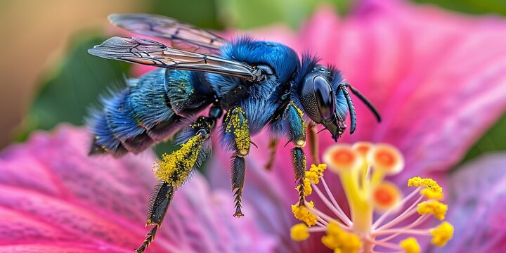 Violet carpenter bee (Xylocopa violacea) covered with pollen in flight on the flower of a hibiscuses