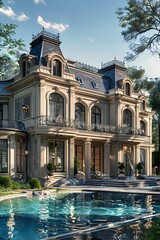 Naklejka premium A luxurious mansion with a pool and a beautiful garden
