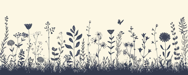 Wild herb, flowers and grass hand drawn in doodle style. vector simple illustration