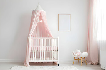 Minimalist, white crib with a pastel pink canopy for a baby girl by a white, empty wall in a cute, modern nursery room interior