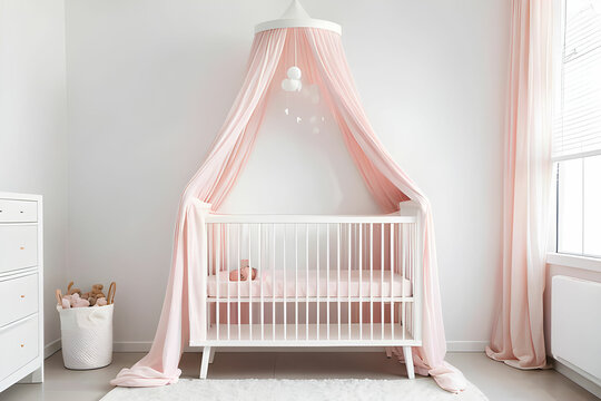 Minimalist, white crib with a pastel pink canopy for a baby girl by a white, empty wall in a cute, modern nursery room interior