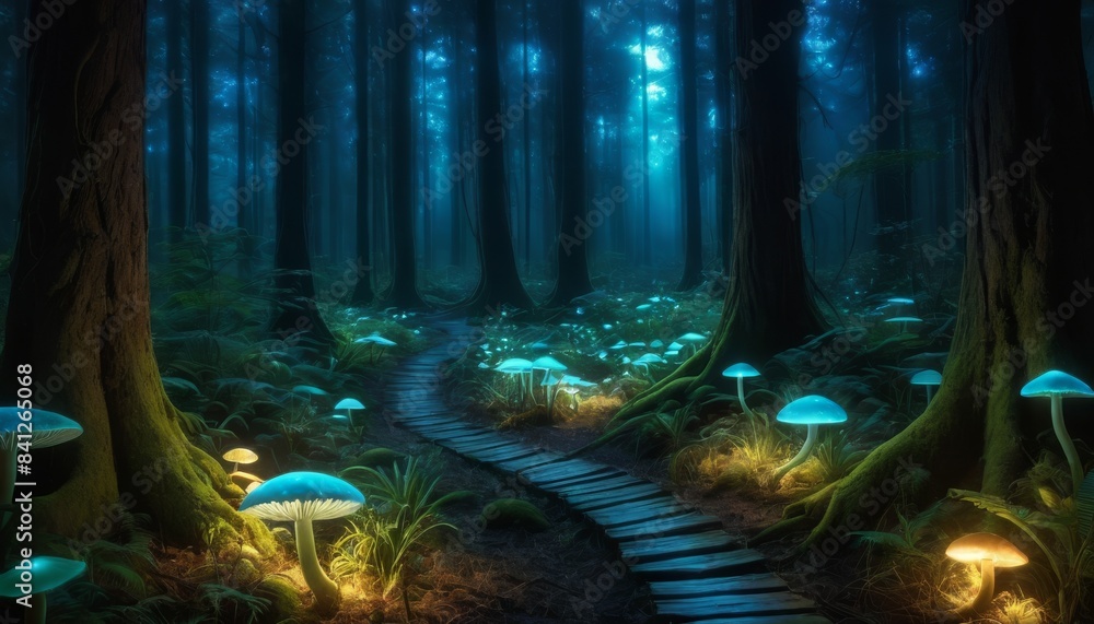 Poster a mystical forest path lit by glowing blue mushrooms under towering trees, creating a magical, other