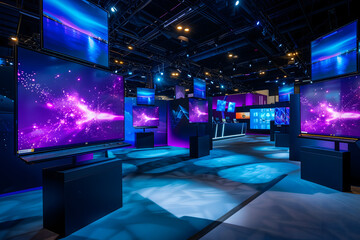Brightly lit showroom displaying multiple high-definition television