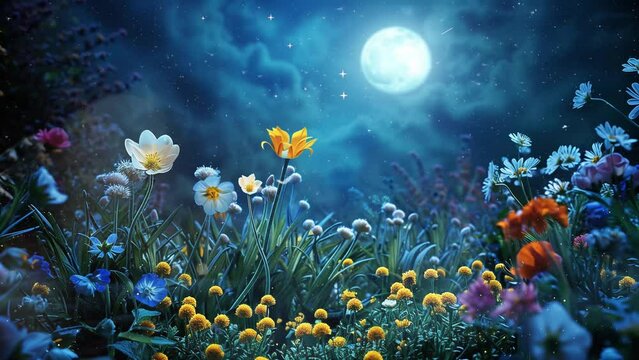 many spring flowers in a moon light at night nature scene seamless looping overlay 4k virtual video animation background