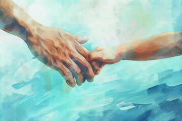 Father and child hands hold each others in close up, love illustration, family illustration, fathers day illustration.