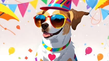 Funny party dog sporting chic shades and a vibrant summertime hat. backdrop of white. AI-Produced