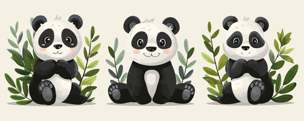 Cute pandas. Isolated on background. Cartoon flat. vector simple illustration