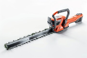 Naklejka premium Efficient cordless hedge trimmer on a white background. This sleek and modern tool is perfect for garden enthusiasts and professional landscapers. High-quality design in bright orange color