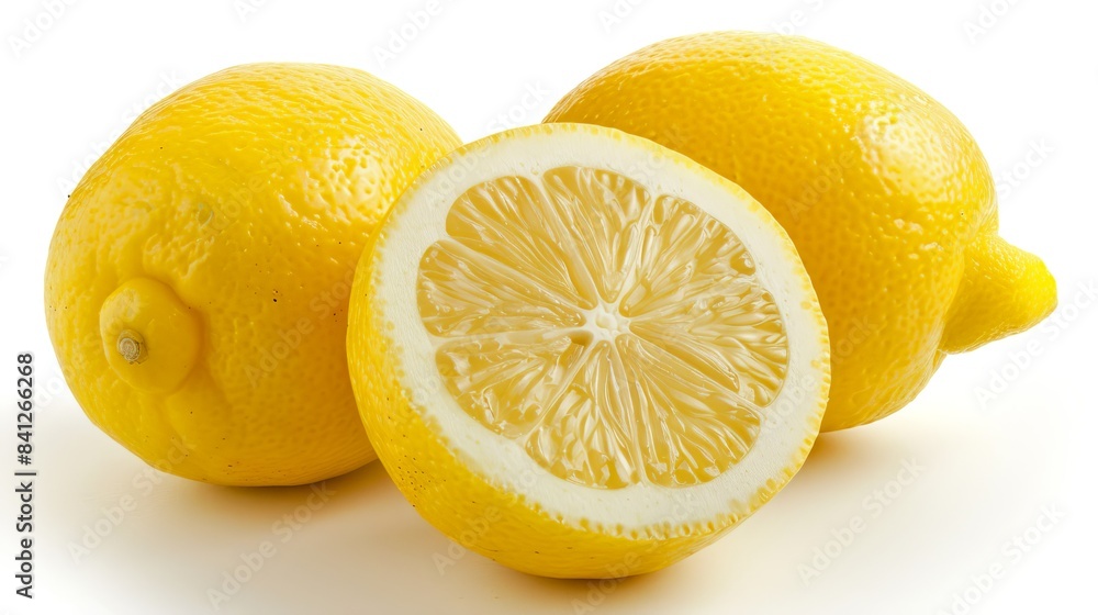 Sticker Fresh whole lemons and one sliced half on white background. Vibrant yellow color and high resolution. Perfect for recipes, food blogs, and culinary illustrations. AI