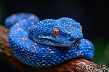 Fototapeta premium A blue snake is slithering on a branch, its body and head coiled together, with one end of its tongue hanging out The background is black