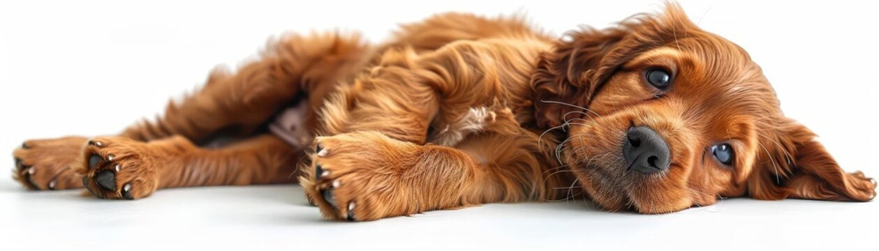 A cute brown Cocker Spaniel puppy is lying on its back
