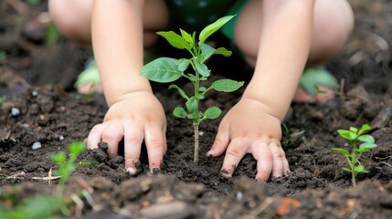 A child s two hands firmly plant a tree in the ground