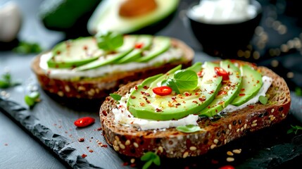 Healthy avocado toast on whole grain bread topped with sliced fresh avocado and red chili flakes. The photo showcases a clean and modern style, ideal for cooking blogs or health food websites. AI