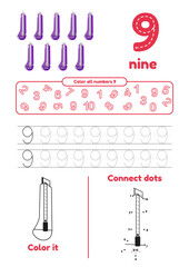 Color page, dot to dot, trace on one page for kids education. Learning number nine