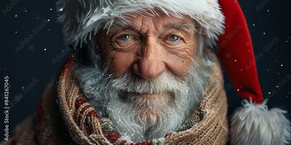 Wall mural portrait of smiling senior man in Santa Claus hat with long white beard looking at camera against dark background