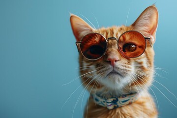 photo of an orange cat wearing sunglasses isolated on pastel blue background, cute, adorable, cuteness oversick face, happycore, stylish and cool look