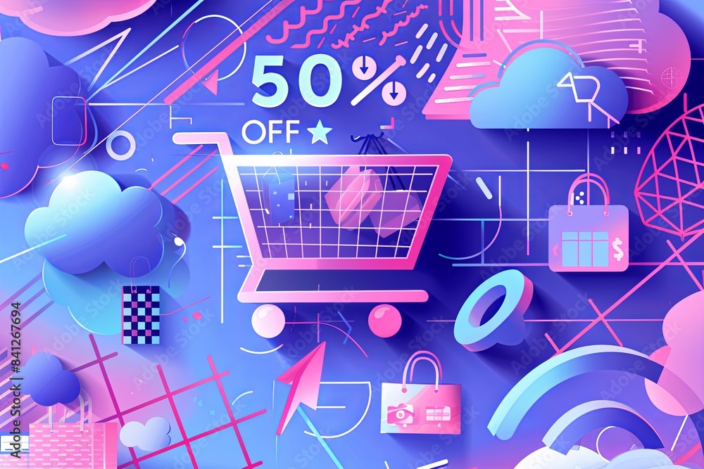 Poster An abstract background featuring a pink shopping cart filled with products, surrounded by digital elements like clouds, Wi-Fi signals, and a bold 50% OFF text. Generative AI