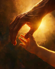 Father and child hands hold each others in close up in golden light, love illustration, family illustration, fathers day illustration.