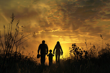 a family walking through a field at sunset