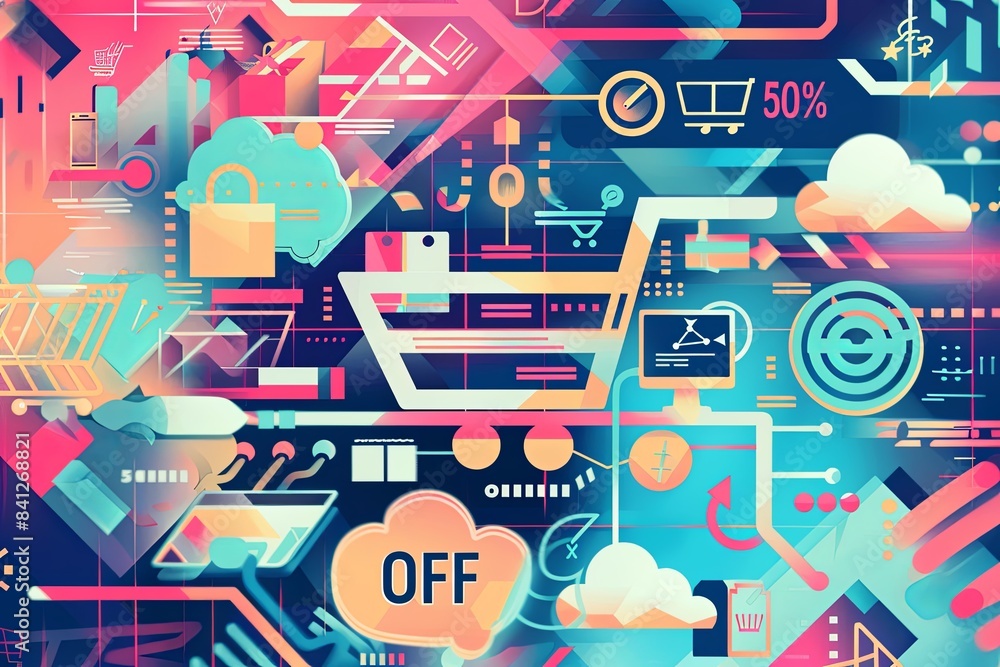 Aufkleber An abstract background featuring a shopping cart and other digital elements representing an online sale with 50% off. Generative AI