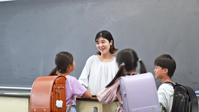 学校の教室の教壇で生徒と話す教師のイメージ