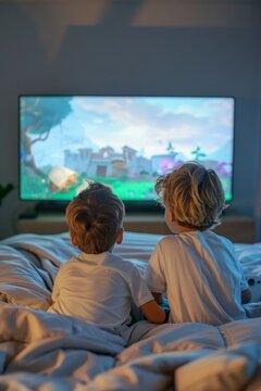  illustration of kids back view  playing plasystation or watching tv and looking a big screen sitting in a big bed 