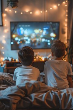  illustration of kids back view  playing videogames or watching tv and looking a big screen sitting on a couch