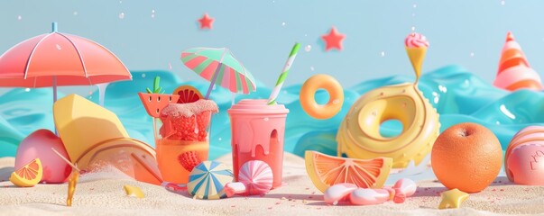 tropical fish and starfish,  cocktail, palms and summer set of objects in the sand beach illustration background, 