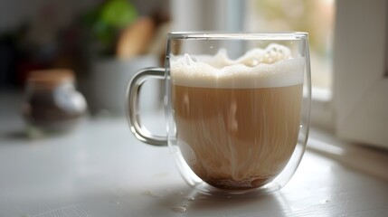 チャイが入った透明なガラスの二重壁マグカップ