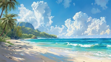Tropical Paradise - Depict a tropical beach with turquoise waters, white sand, and swaying palm trees under a bright, sunny sky