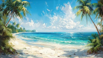 Tropical Paradise - Depict a tropical beach with turquoise waters, white sand, and swaying palm trees under a bright, sunny sky