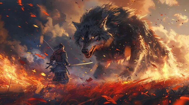 Courageous samurai warrior confronting a formidable giant wolf, embodying bravery and valor
 Seamless looping 4k time-lapse virtual video animation background. Generated AI
