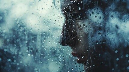 Raining (close up, focus on, copy space) Bright and clear raindrops Double exposure silhouette with clouds