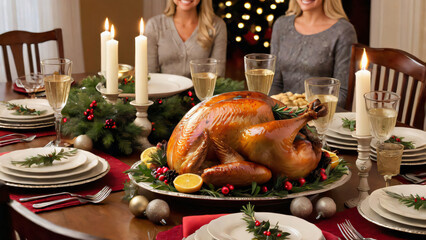 A festive Christmas dinner table set with a roasted turkey, candles, and family members sharing a meal