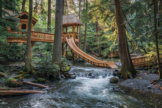 An adventurous wooden slide extending from a treehouse into a gently flowing river