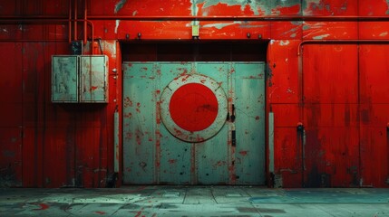 A distressed industrial setting with a large red circle on a metal door, surrounded by vibrant red walls.