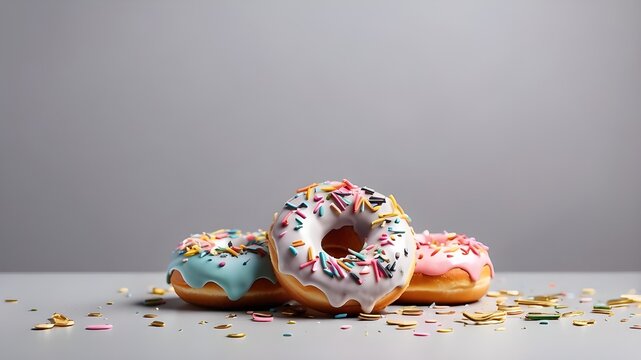 Horizontal banner honoring National Donut Day with free space that features vibrant doughnuts covered in icing and confetti on a light gray background.View More