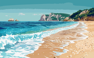 A secluded beach where gentle waves wash the golden sand, with a rocky cape visible in the distance. Vector illustration.