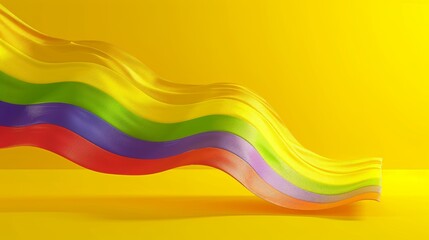 Colorful fluid waves against a vibrant yellow background, featuring abstract shapes and modern design elements.