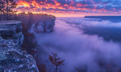 Fog envelopes the Little River Canyon National Preserve at sunrise from a high sandstone cliff, Fort Payne, Alabama. Panorama.