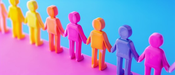 Colorful paper cutout figures holding hands on a pink and blue background, symbolizing unity, diversity, and teamwork.