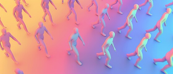 Futuristic surreal characters walking against a vibrant gradient background, creating an abstract and colorful visual effect.