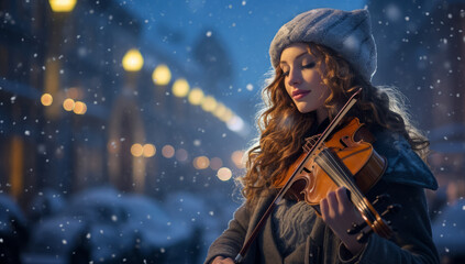 winter music with snow, An international winter treasure hunt, discovering customs from the world. beautiful girl with bokeh background. woman in the city at night