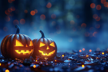 Fototapeta premium Halloween pumpkins on a dark blue background with lights and bokeh, creating a spooky Halloween scene of a Halloween night concept, with copy space for design.