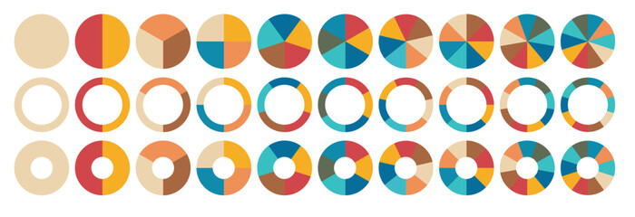 Pie charts diagrams. Different color circles isolated. Infographic element round shape. Vector