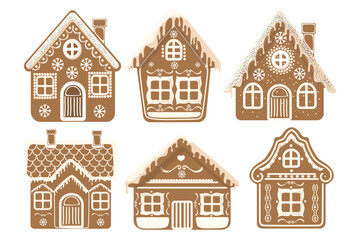 Set of sweet gingerbread houses in cartoon style. Vector illustration of delicious gingerbread houses with protein icing: snowflakes, hearts, dots, wavy lines, and decorated with colored sprinkles.