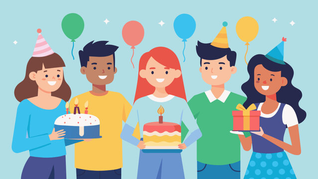 birthday party people holding cake and gifts clip art preview